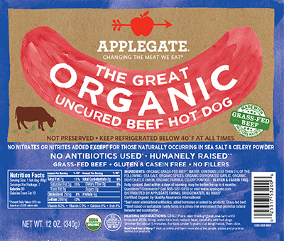 slide 1 of 1, Applegate Organic Beef Hot Dogs, 12 oz