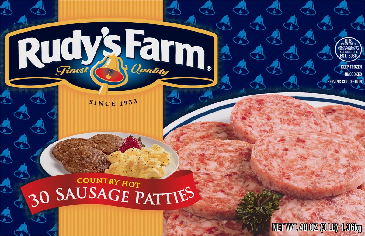 slide 8 of 10, RUDYS FARM Rudy's Farm Uncooked Country Hot Sausage Patties, 30 Count (Frozen), 1.36 kg