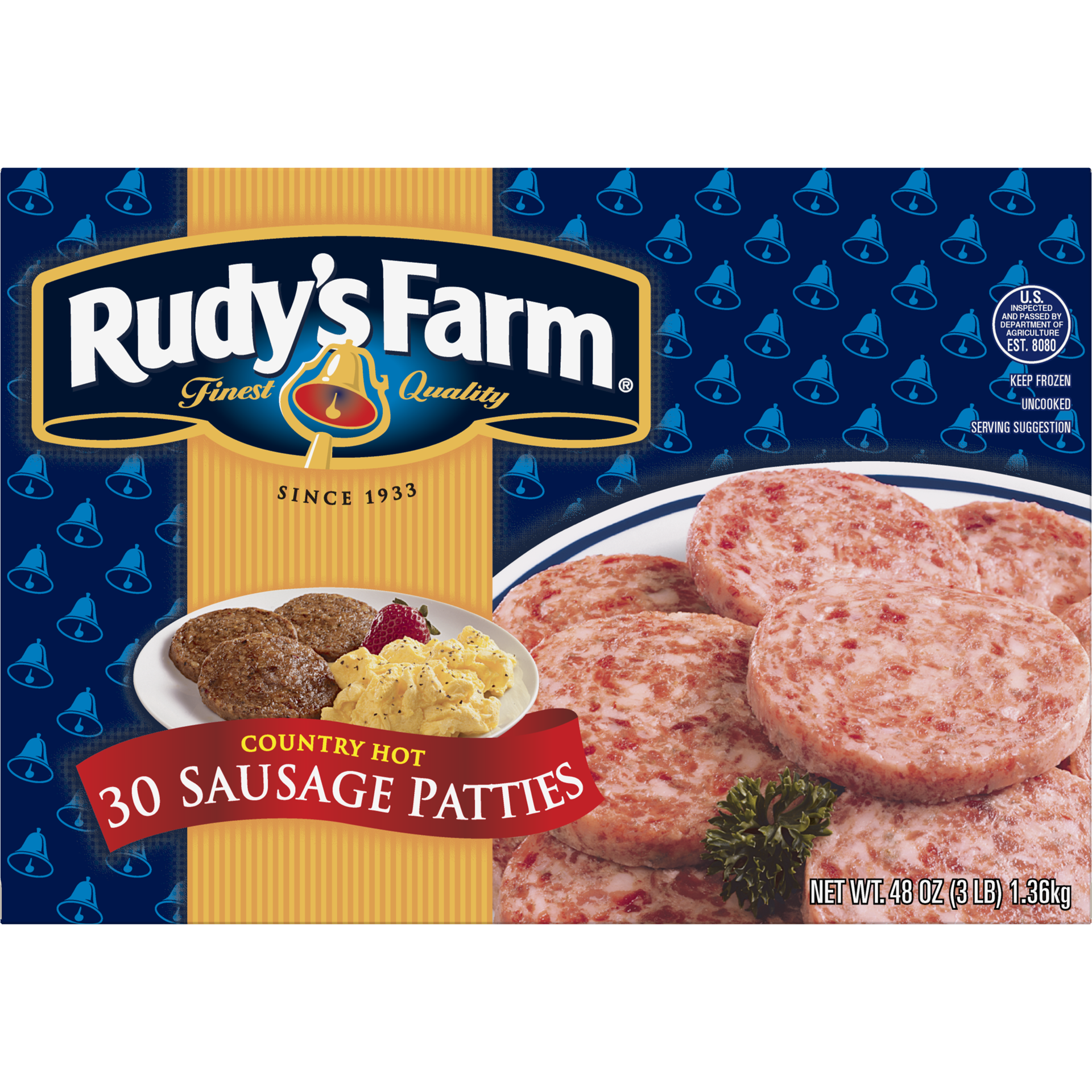 slide 1 of 10, RUDYS FARM Rudy's Farm Uncooked Country Hot Sausage Patties, 30 Count (Frozen), 1.36 kg