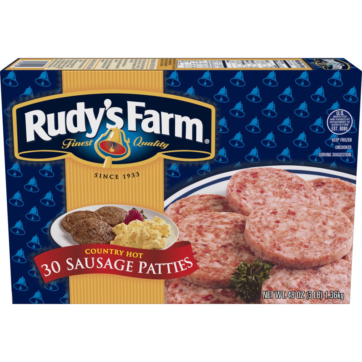 slide 1 of 10, RUDYS FARM Rudy's Farm Uncooked Country Hot Sausage Patties, 30 Count (Frozen), 1.36 kg