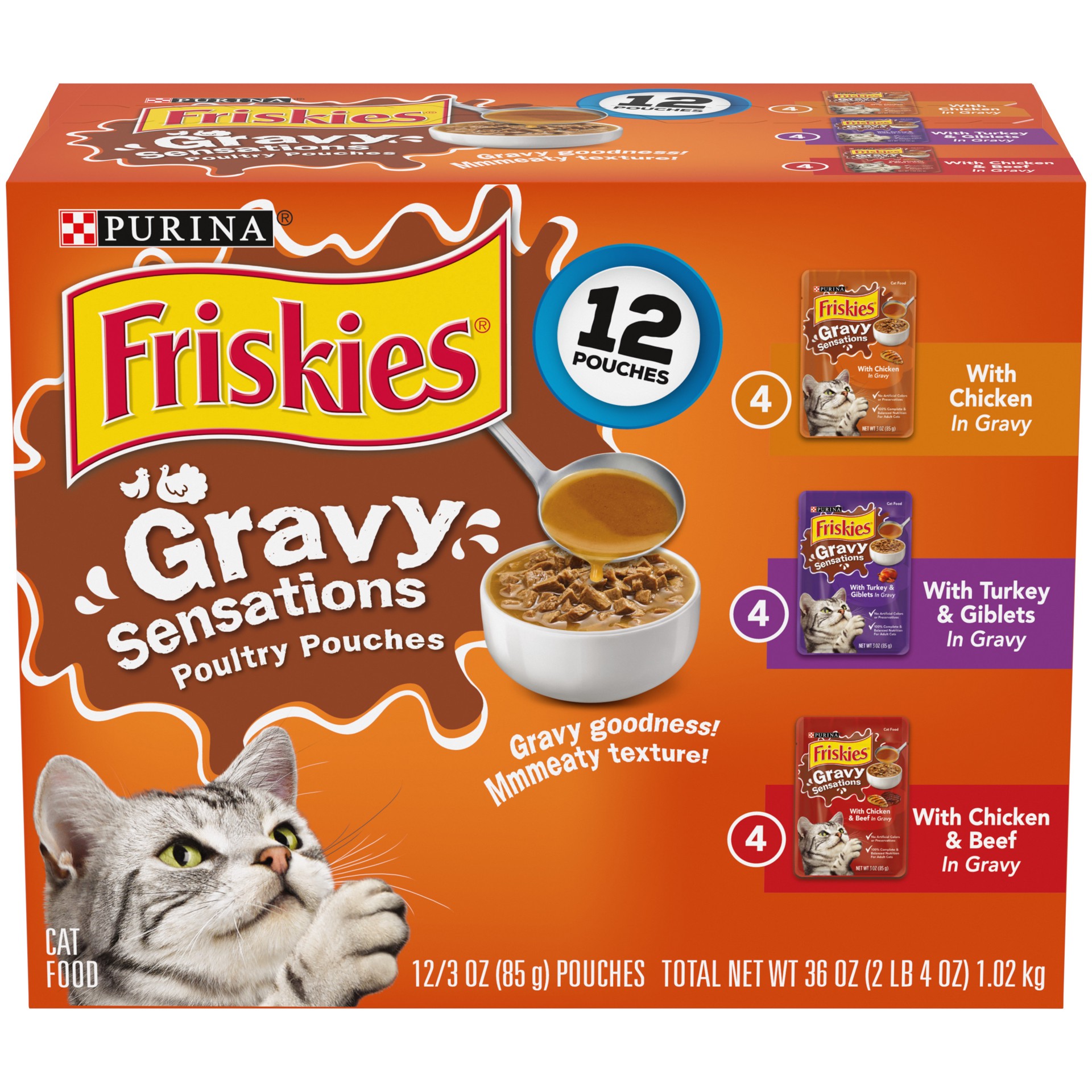 slide 1 of 7, Purina Friskies Gravy Sensations Wet Cat Food Poultry Pouches with Chicken, Turkey & Beef, 12 ct; 3 oz