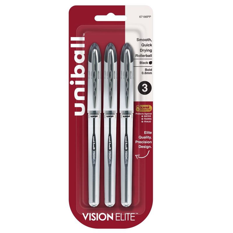 slide 1 of 8, uniball Vision Elite Black Rollerball Pens 3ct Capped 0.8mm Bold Pen: Fade & Water-Resistant, Pocket Clip, Stationery, 3 ct