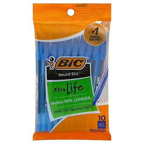slide 1 of 1, Bic Round Stic Xtra Life Blue Pens - 10 Count, 10 ct