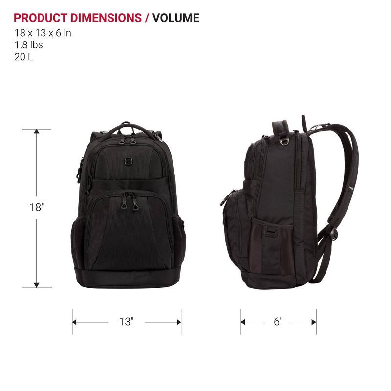 slide 7 of 12, SWISSGEAR Laptop 18.5" Backpack - Black: Tear-Resistant Polyester, College Bag, 1 ct