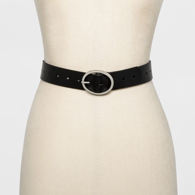 slide 2 of 2, Women's Adjustable Jean Belt with Rounded Design Buckle - Universal Thread™ Black S: Solid Medium Strap, & Bonded Leather, 1 ct