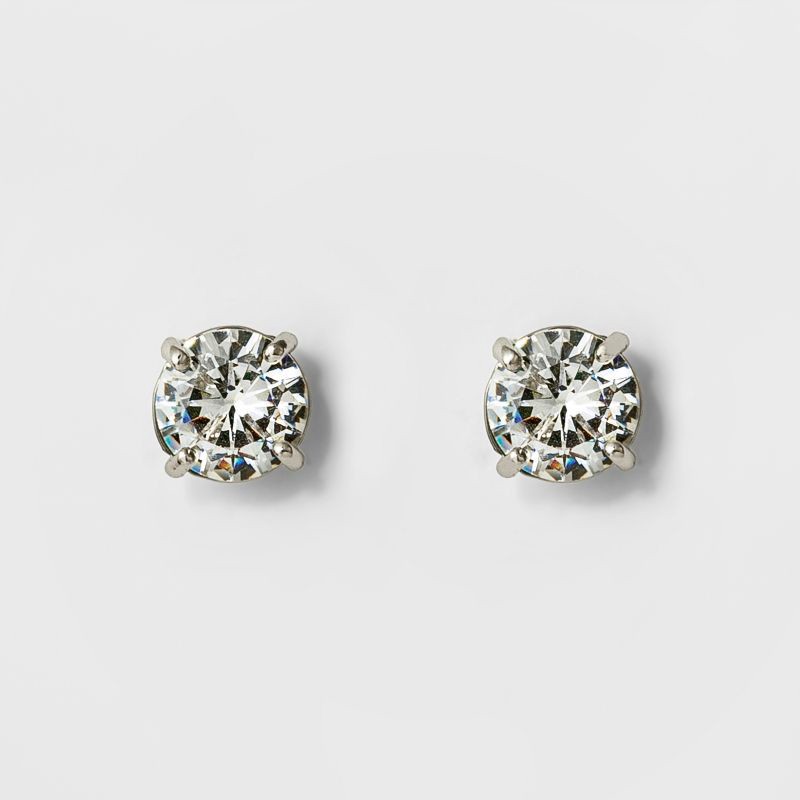 slide 1 of 2, Women's Round Crystal Stud Earring - A New Day™ Silver: Glass, Copper, Nickel-Free, Cubic Zirconia, 1 ct