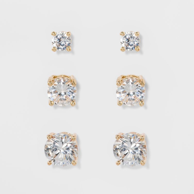 slide 1 of 2, Crystal Round Stud Earring Set 3pc - A New Day™ Gold: Nickel-Free Metal, Post Closure, 3 ct