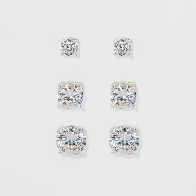 slide 1 of 2, Women's Fashion Trio Crystal Round Stud Earring Set 3pc - A New Day™ Silver: Nickel-Free Metal, Post Closure, 3 ct