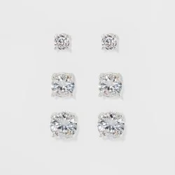 Women's Fashion Trio Crystal Round Stud Earring Set 3pc - A New Day™ Silver: Nickel-Free Metal, Post Closure