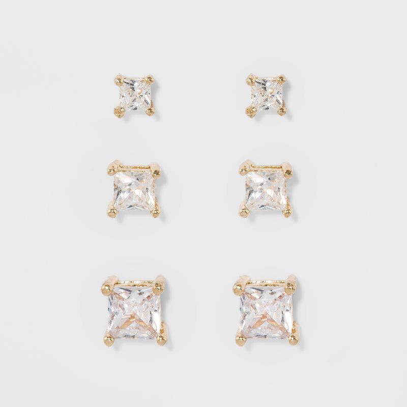 slide 1 of 2, Crystal Square Stud Earring Set 3pc - A New Day™ Gold: Nickel-Free Metal, Post Closure, 3 ct