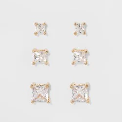 Crystal Square Stud Earring Set 3pc - A New Day™ Gold: Nickel-Free Metal, Post Closure