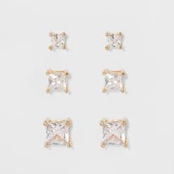 Crystal Square Stud Earring Set 3pc - A New Day™ Gold: Nickel-Free Metal, Post Closure