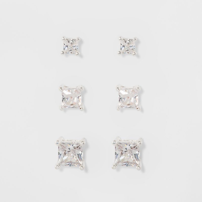 slide 1 of 2, Crystal Square Stud Earring Set 3pc - A New Day™ Silver: Nickel-Free Metal, Cubic Zirconia, Post Closure, 0.25" Size, 3 ct
