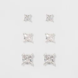 Crystal Square Stud Earring Set 3pc - A New Day™ Silver: Nickel-Free Metal, Cubic Zirconia, Post Closure, 0.25" Size