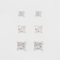 Crystal Square Stud Earring Set 3pc - A New Day™ Silver: Nickel-Free Metal, Cubic Zirconia, Post Closure, 0.25" Size