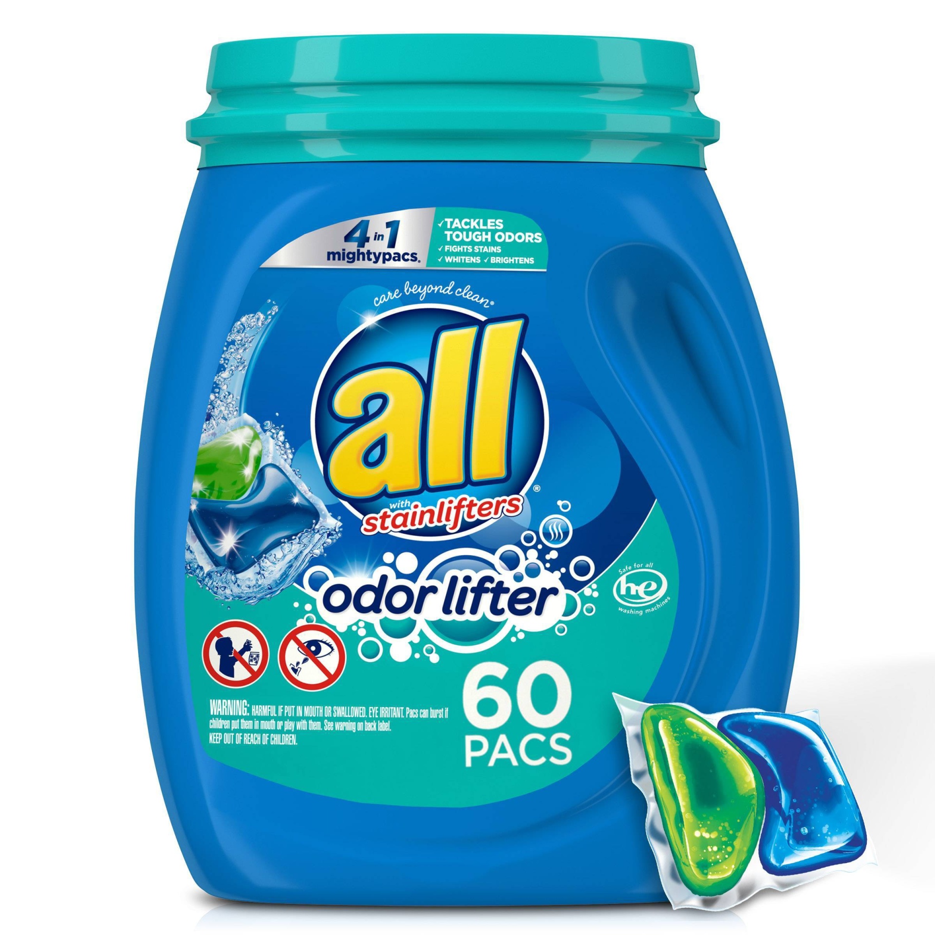 slide 1 of 3, All Mighty Pacs 4-in-1 with Odor Lifter Laundry Detergent Pacs, 60 ct, 42.3 oz