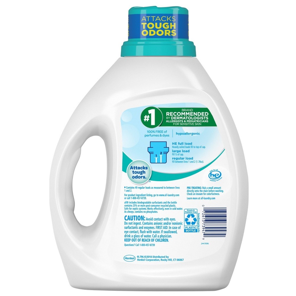 slide 2 of 3, All Free Clear Liquid Laundry Detergent with Odor Relief 49 Loads, 88 fl oz