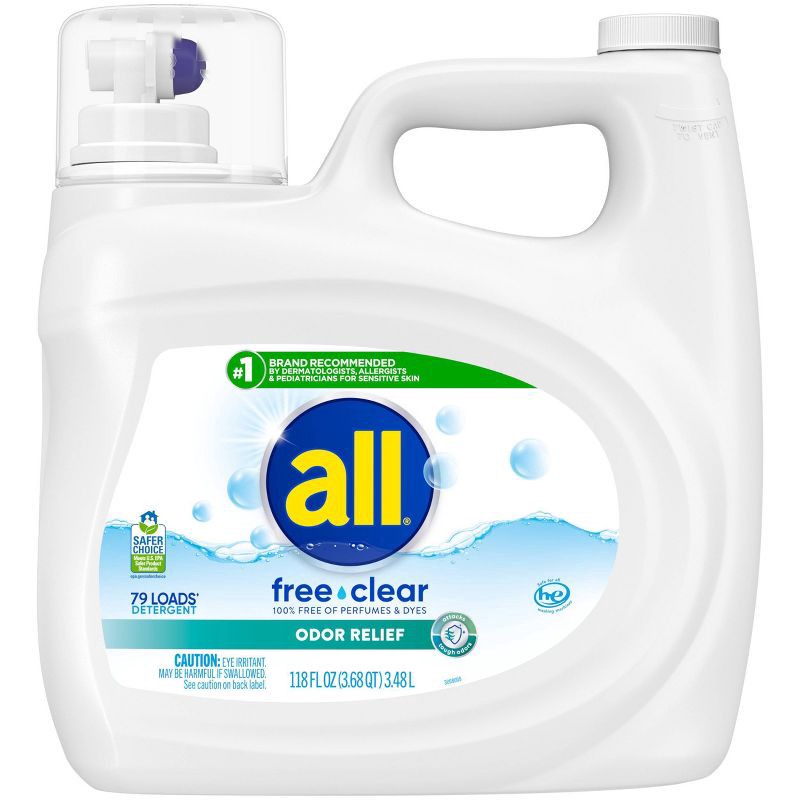 slide 1 of 7, All Ultra Free Clear Odor Relief HE Liquid Laundry Detergent 79 Loads - 118 fl oz: Dermatologist Tested, Sensitive Formula, Hypoallergenic, 118 fl oz