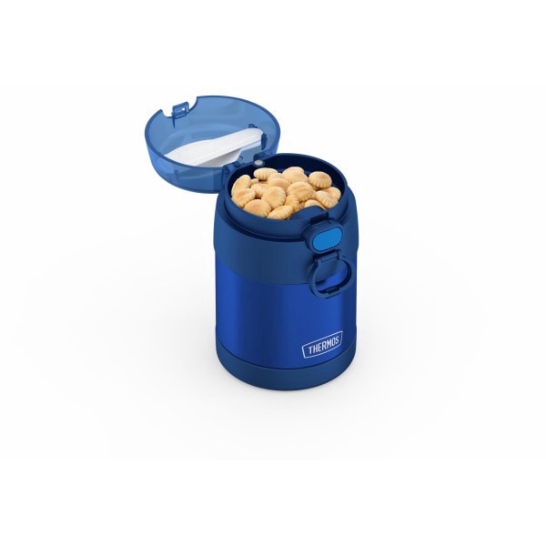 slide 3 of 3, Thermos™ FUNtainer 10 Oz Stainless Steel Food Jar With Snack Top And Spoon, 5-9/16""H x 3-1/2""W x 3-3/4""D, Blue, 10 oz