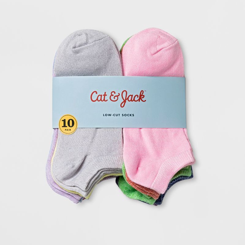 slide 2 of 2, Girls' 10pk Lightweight No-Show Low Cut Socks - Cat & Jack™ L: Solid Knit, Banded Cuff, Tumble Dry, 10 ct