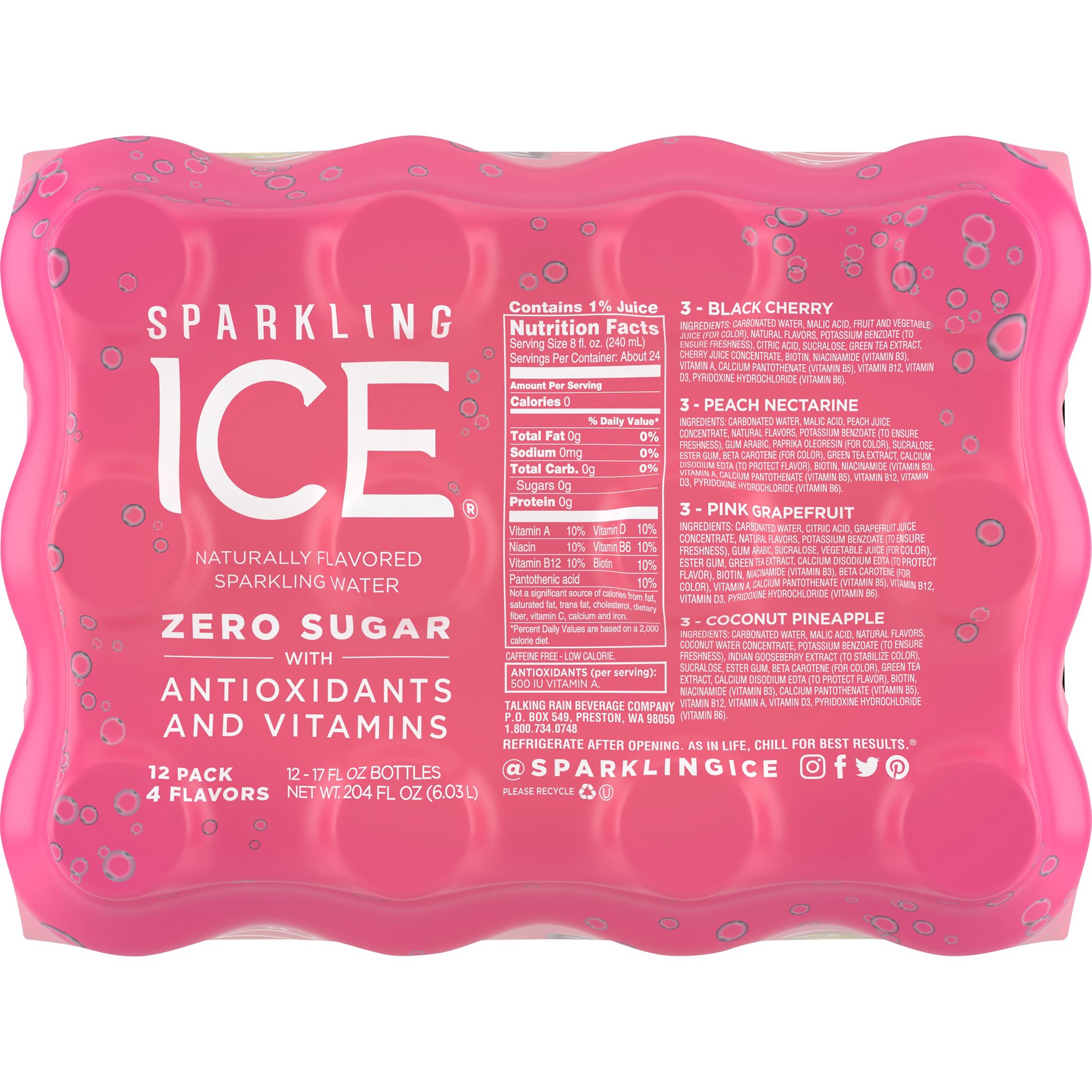 slide 4 of 7, Sparkling Ice Variety Pack-Black Cherry/Peache Nectarine/Coconut Pineapple/Pink Grapefruit - 12pk/17 fl oz Bottles, 12 ct; 17 fl oz