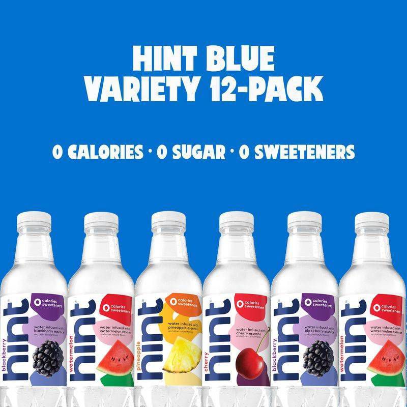 slide 4 of 11, hint Blue Variety Pack Flavored Water Watermelon, Blackberry, Pineapple, Cherry - 12pk/16 fl oz Bottles, 12 ct; 16 fl oz