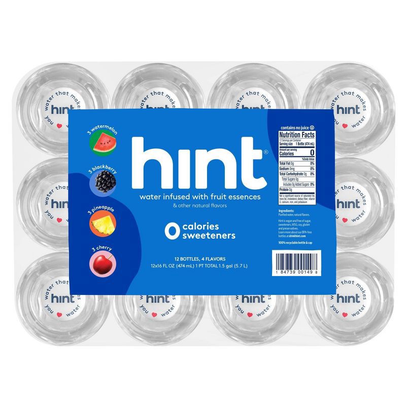 slide 11 of 11, hint Blue Variety Pack Flavored Water 9Watermelon, Blackberry, Pineapple, Cherry) - 12pk/16 fl oz Bottles, 12 ct; 16 fl oz