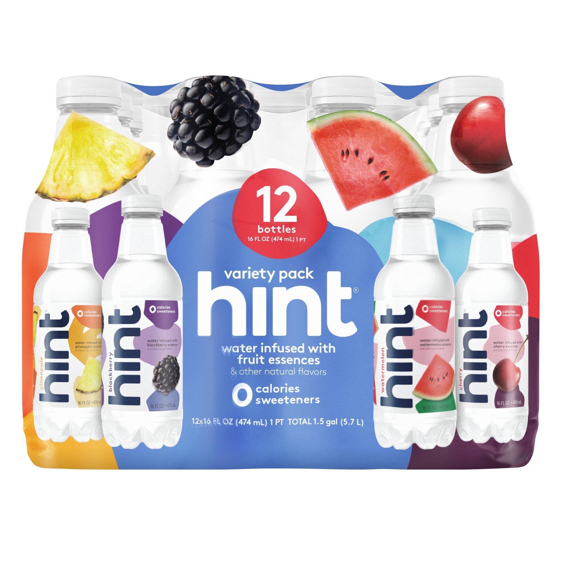 slide 1 of 11, hint Blue Variety Pack Flavored Water - Watermelon, Blackberry, Pineapple, and Cherry - 12pk/16 fl oz Bottles, 12 ct; 16 fl oz
