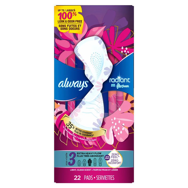 slide 11 of 12, Always Radiant Extra Heavy Flow Absorbency with Flex Foam Pads - Scented - Size 3 - 22ct, 3 x 22 ct