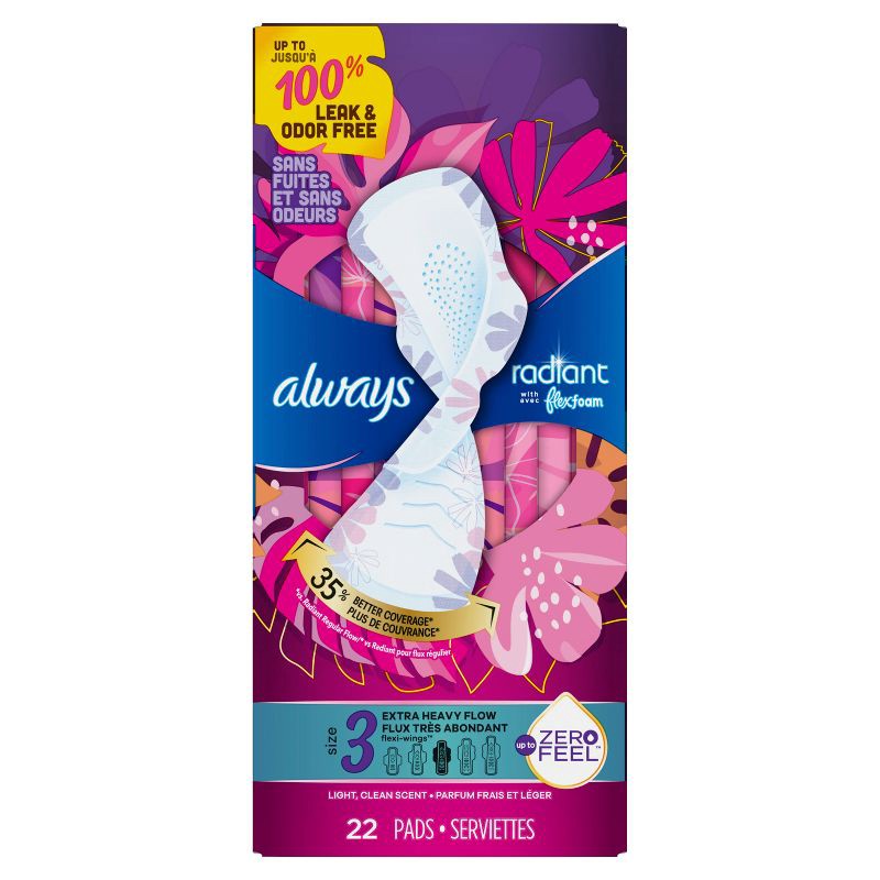 slide 7 of 8, Always Radiant Extra Heavy Flow Absorbency with Flex Foam Pads - Scented - Size 3 - 22ct, 22 ct