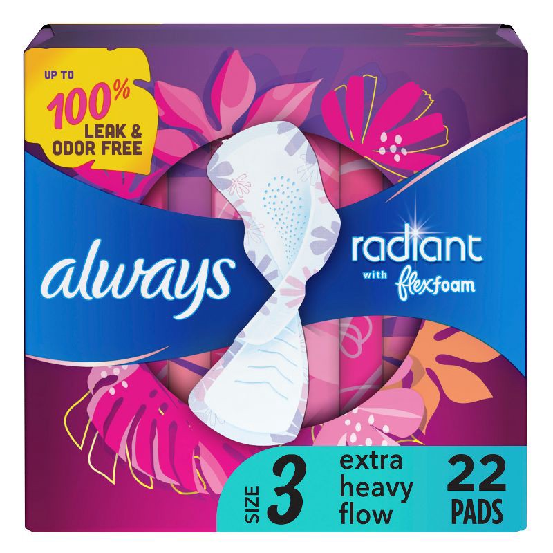 slide 1 of 8, Always Radiant Extra Heavy Flow Absorbency with Flex Foam Pads - Scented - Size 3 - 22ct, 22 ct