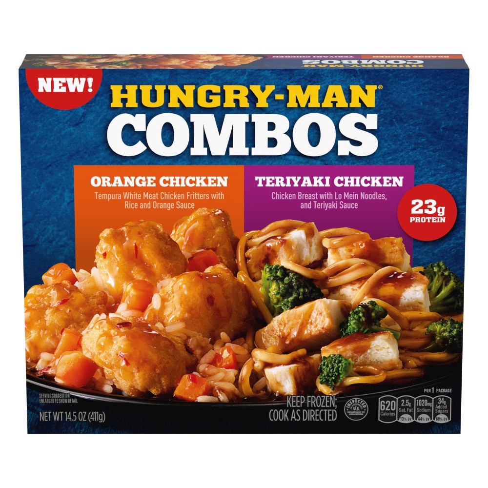 slide 1 of 1, Hungry-Man Combos, Orange Chicken and Teriyaki Chicken, Frozen Meal, 14.5 oz., 14.5 oz