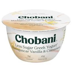 Chobani Less Sugar Low-Fat Blended Madagascar Vanilla & Cinnamon Greek Yogurt - 12g Protein 5.3oz