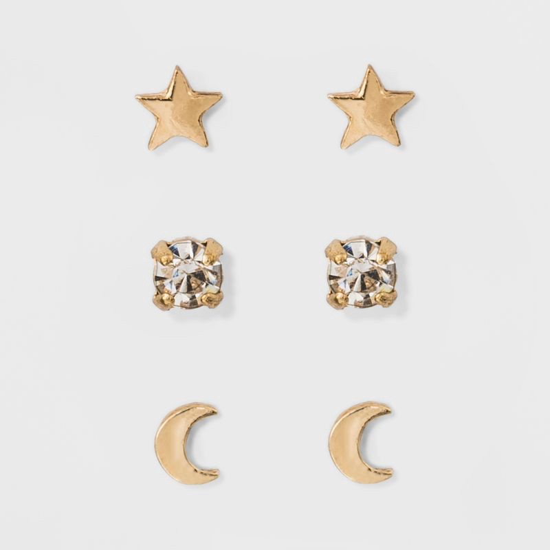 slide 1 of 2, Moon and Star Stud Earring Set 3ct - A New Day™ Gold: Nickel-Free Metal, Post Closure, 0.12oz, 0.03in Length, 3 ct, 0.12 oz