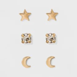 Moon and Star Stud Earring Set 3ct - A New Day™ Gold: Nickel-Free Metal, Post Closure, 0.12oz, 0.03in Length