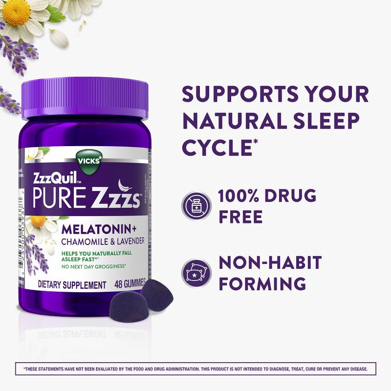 slide 3 of 6, ZzzQuil Pure Zzzs Chamomile & Lavender Melatonin Gummies - Wildberry Vanilla - 48ct, 48 ct