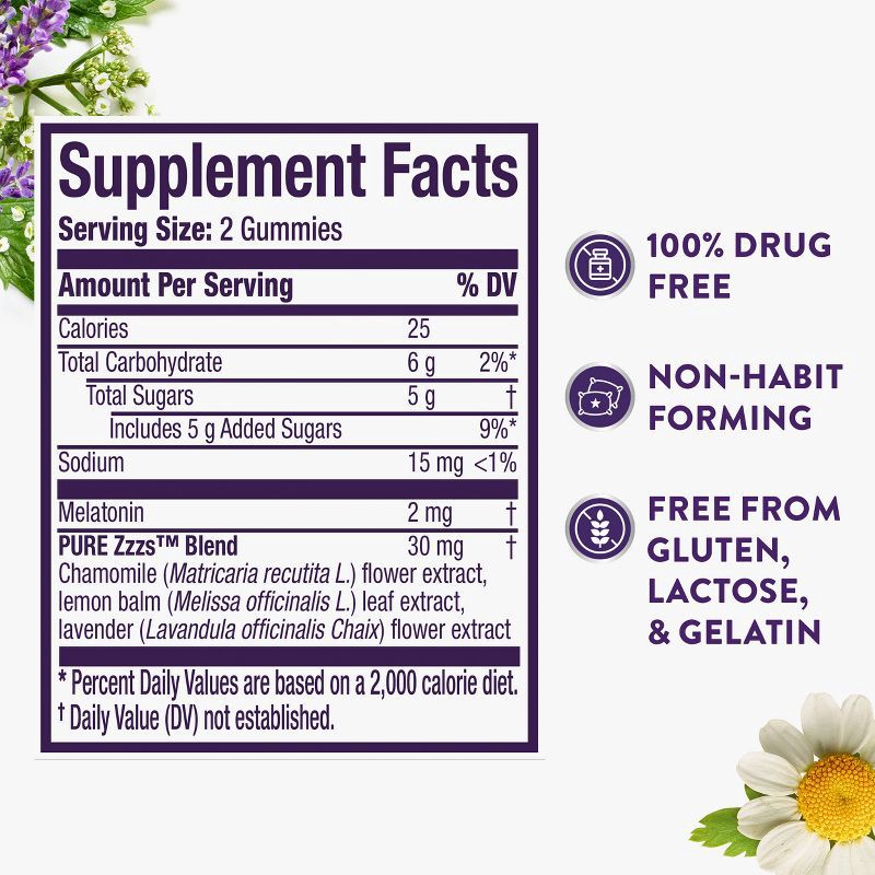 slide 6 of 6, ZzzQuil Pure Zzzs Chamomile & Lavender Melatonin Gummies - Wildberry Vanilla - 48ct, 48 ct