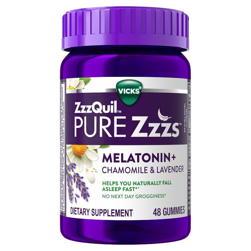 slide 1 of 6, ZzzQuil Pure Zzzs Chamomile & Lavender Melatonin Gummies - Wildberry Vanilla - 48ct, 48 ct