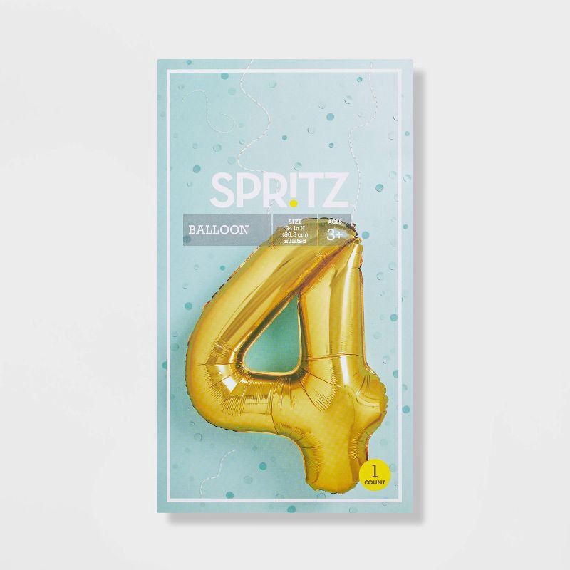 slide 4 of 4, 34" Number 4 Foil Balloon - Spritz™: Light Gold, Birthday Party Decor, Solid Pattern, All Ages, 1 ct