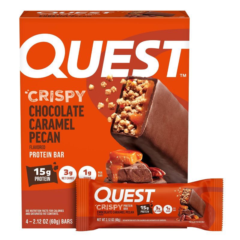 slide 1 of 8, Quest Nutrition Crispy Hero Chocolate Caramel Pecan Whey Protein Bars - 18g Protein - 4ct, 18 gram, 4 ct
