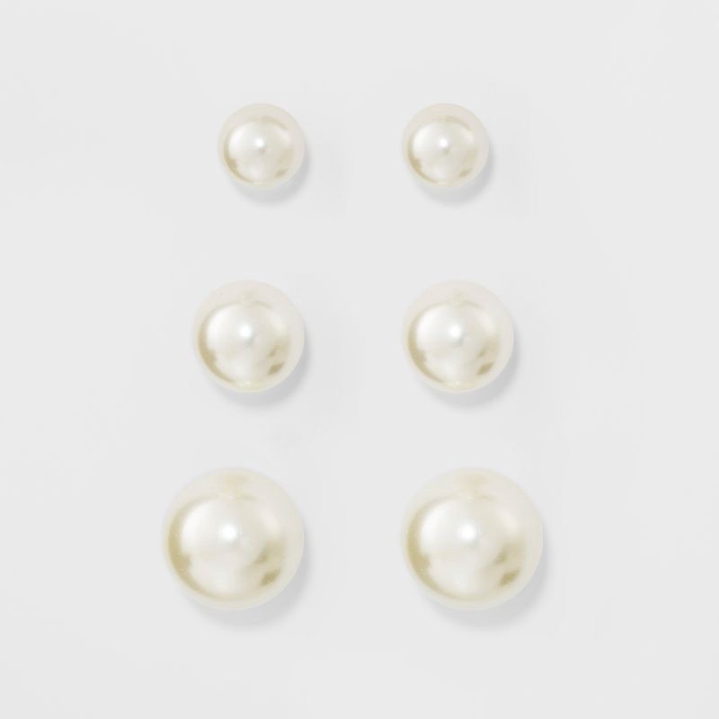 slide 1 of 2, Faux Pearl Stud Earring Set 3ct - A New Day™ Silver: Glass, Brass, Nickel-Free Metal, Post Closure, 0.25" Dimensions, 3 ct