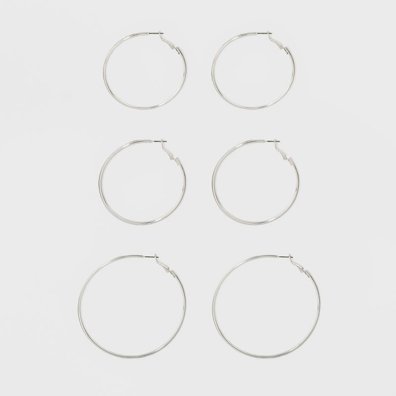 slide 1 of 1, Thin Clickback Hoop Earring Set 3ct - A New Day™ Silver: Leverback Closure, Brass Nickel-Free Metal, 16+ Age, 2" Diameter, 3 ct