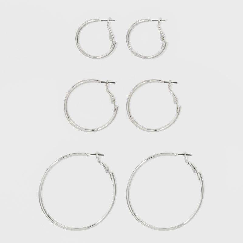 slide 1 of 1, Hoop Earring Set 3pc - A New Day™ Silver: Nickel-Free Metal, Leverback Closure, 2.25" Length, 3 ct