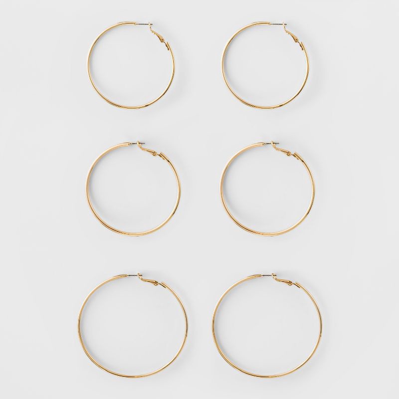 slide 1 of 1, Big Hoop Earring Set 3ct - A New Day™ Gold: Brass, Nickel-Free, Leverback Closure, 3 ct