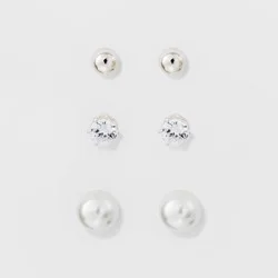 Stud Earring Set 3pk - A New Day™ Silver/White: Hypoallergenic, Glass & Brass Material