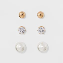 Stud Earring Set 3pk - A New Day™ Gold/Silver: Hypoallergenic Glass & Brass, Nickel-Free Metal