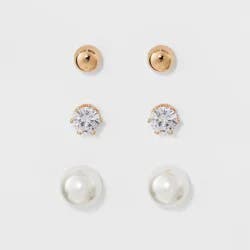 Stud Earring Set 3pk - A New Day™ Gold/Silver: Hypoallergenic Glass & Brass, Nickel-Free Metal