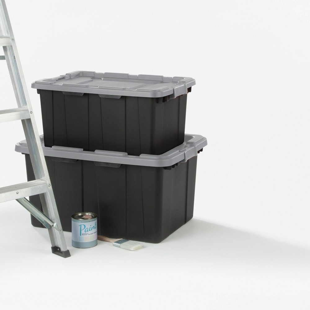 slide 3 of 8, Sterilite Industrial Tote Black With Gray Lid and Latches, 27 gal