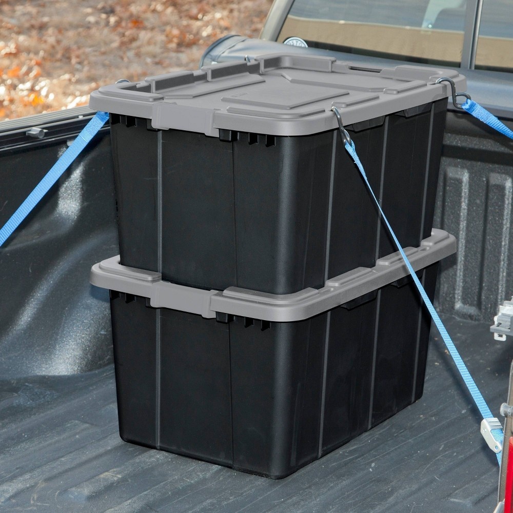 slide 4 of 8, Sterilite Industrial Tote Black With Gray Lid and Latches, 27 gal