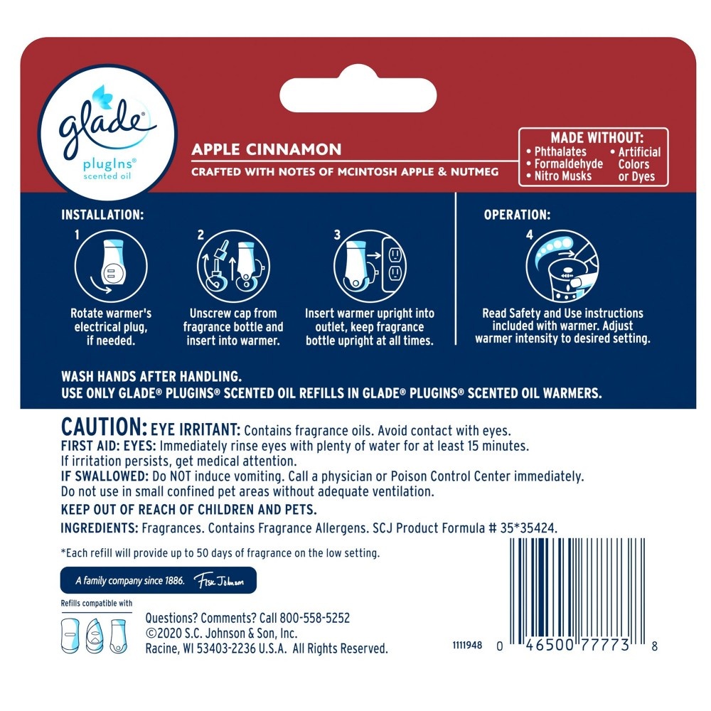 slide 4 of 6, Glade PlugIns Scented Oil Air Freshener Apple Cinnamon Refill - 3.35oz/5ct, 3.35 fl oz